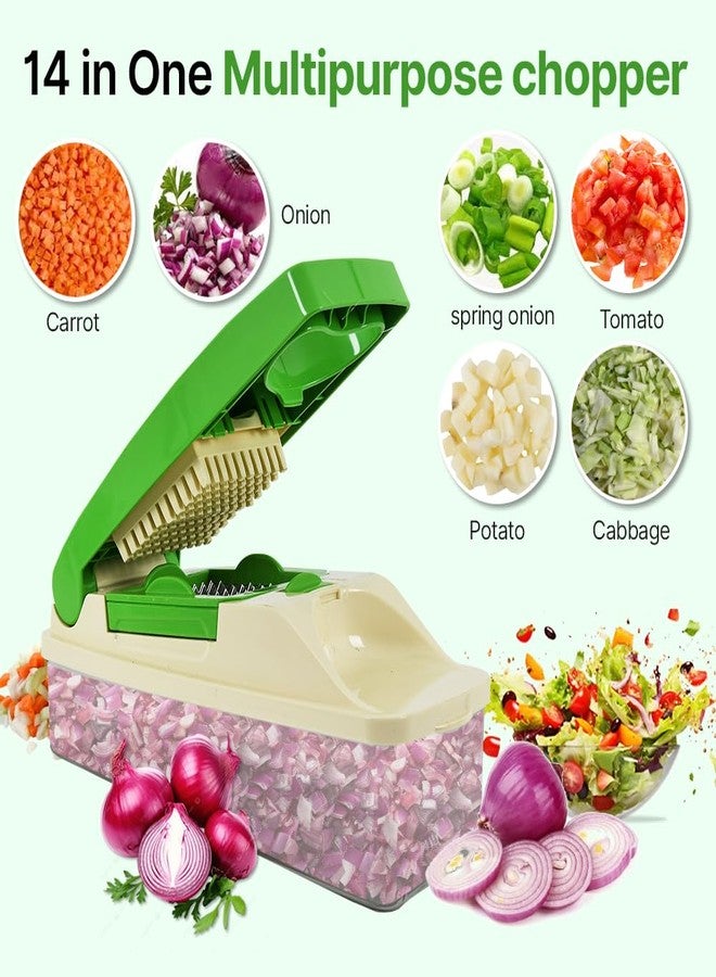 BLLUEX 14 in 1 Multipurpose Chopper, Fruits & Vegetable Cutters, Grater Peeler Chipser, Unbreakable Food Grade Body, Easy Push to Clean Button Slicer Dicer, Chopper for Kitchen (Green, Plastic) - Image 3
